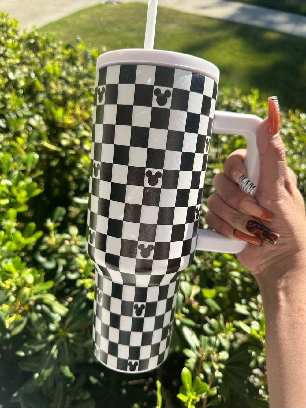 Checkerboard Mickey Icon Stainless Travel Mug - Black & White